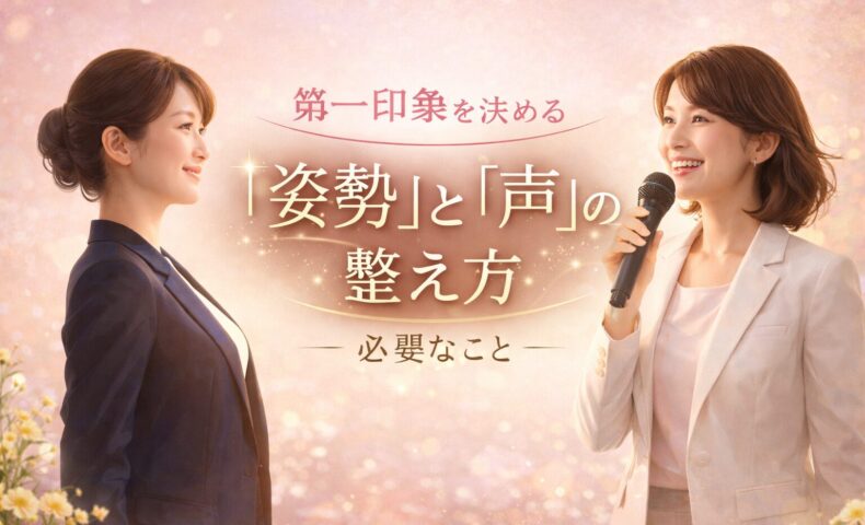 第一印象に必要なこととして、姿勢と声を整える女性のビフォーアフターを象徴的に表現したイメージ