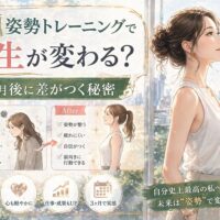 大阪城を望む街並みを背景に、猫背の女性と背筋が伸びた女性を対比し、大阪 姿勢 トレーニングで3ヶ月後に変化する様子を示している
