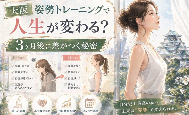 大阪城を望む街並みを背景に、猫背の女性と背筋が伸びた女性を対比し、大阪 姿勢 トレーニングで3ヶ月後に変化する様子を示している
