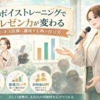 大阪城を望む会場で女性がマイクを持ち発表し、ボイス トレーニングでプレゼン力向上と成果アップを示すグラフが描かれている