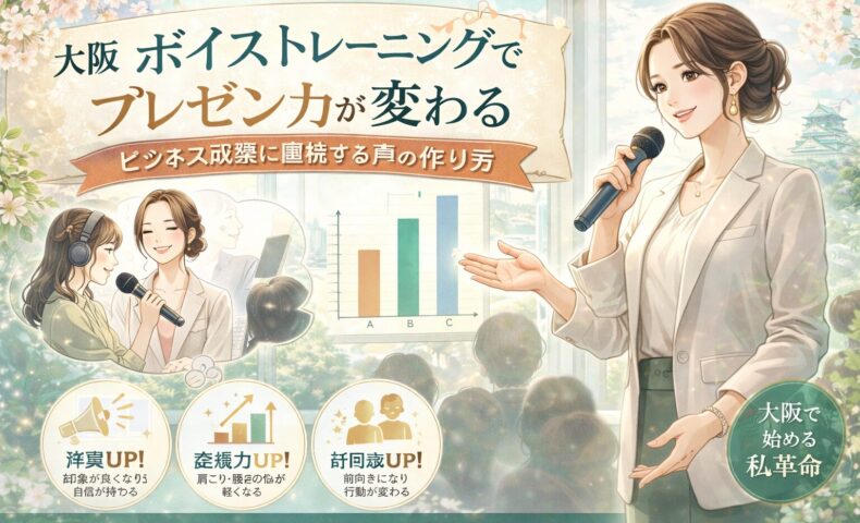 大阪城を望む会場で女性がマイクを持ち発表し、ボイス トレーニングでプレゼン力向上と成果アップを示すグラフが描かれている