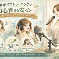 大阪ボイストレーニング初心者向けに、マイク前で発声する女性と指導者、基礎から学べる安心サポートを示す構成