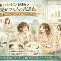 大阪プレゼン講座の教室で女性講師がグラフを示し、受講生が笑顔で学ぶ様子と選ぶ前に知るべき3つの視点を示した構成