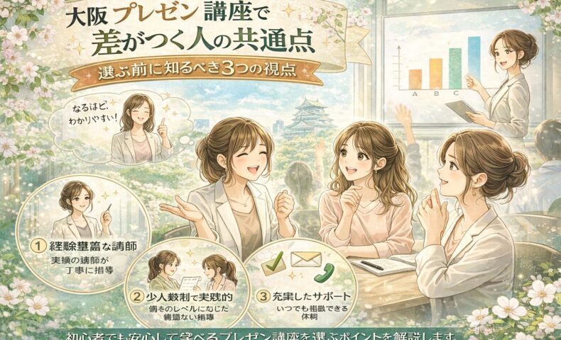 大阪プレゼン講座の教室で女性講師がグラフを示し、受講生が笑顔で学ぶ様子と選ぶ前に知るべき3つの視点を示した構成