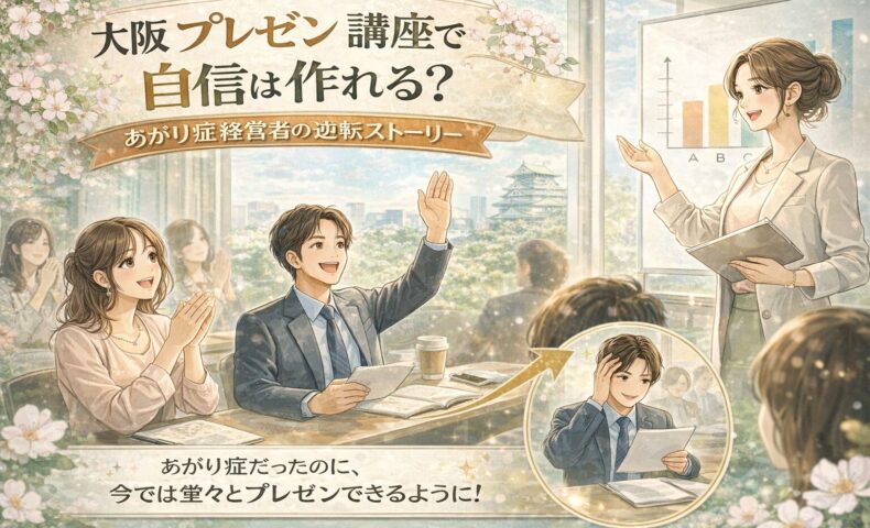 大阪プレゼン講座の教室で女性講師が笑顔で指導し、受講生の経営者が前向きに手を挙げる明るい雰囲気の構成