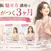 大阪 魅せ方 講座で差がつく3ヶ月の成長過程を示し、女性が不安から自信へ変化する様子と成功イメージを描いた構成