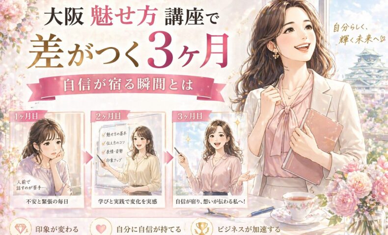 大阪 魅せ方 講座で差がつく3ヶ月の成長過程を示し、女性が不安から自信へ変化する様子と成功イメージを描いた構成