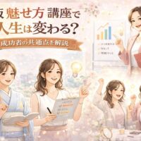 大阪 魅せ方 講座で人生は変わる？成功者の共通点を解説という文字と、グラフやチェックリストを手に前向きに微笑む女性たちの構図