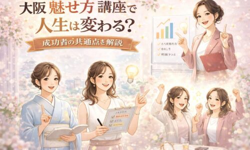 大阪 魅せ方 講座で人生は変わる？成功者の共通点を解説という文字と、グラフやチェックリストを手に前向きに微笑む女性たちの構図