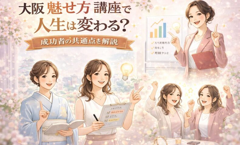 大阪 魅せ方 講座で人生は変わる？成功者の共通点を解説という文字と、グラフやチェックリストを手に前向きに微笑む女性たちの構図