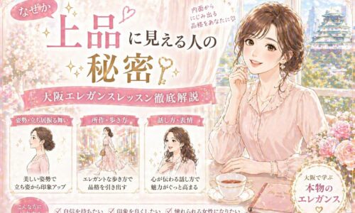 大阪エレガンスレッスンを象徴する上品な女性が微笑み、姿勢・歩き方・話し方のポイントを背景に示した華やかなビジュアル