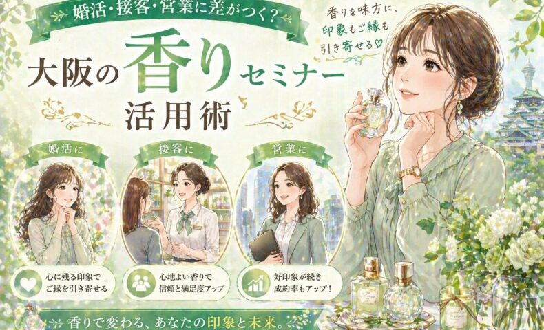 大阪 香り セミナーを紹介する緑基調のデザインで、香水を手に微笑む女性と婚活・接客・営業の活用場面が描かれている構成