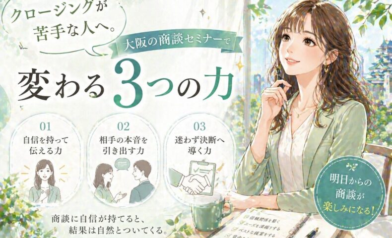 緑基調の背景で微笑む女性が机に向かい、大阪 商談 セミナーで変わる3つの力を紹介する構成