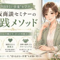 落ち着いた色合いの空間で向かい合い、穏やかに対話する男女の姿と「売り込まない営業」を伝える大阪商談セミナーの文字が配置されたデザイン