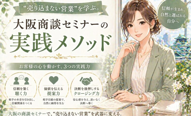 落ち着いた色合いの空間で向かい合い、穏やかに対話する男女の姿と「売り込まない営業」を伝える大阪商談セミナーの文字が配置されたデザイン