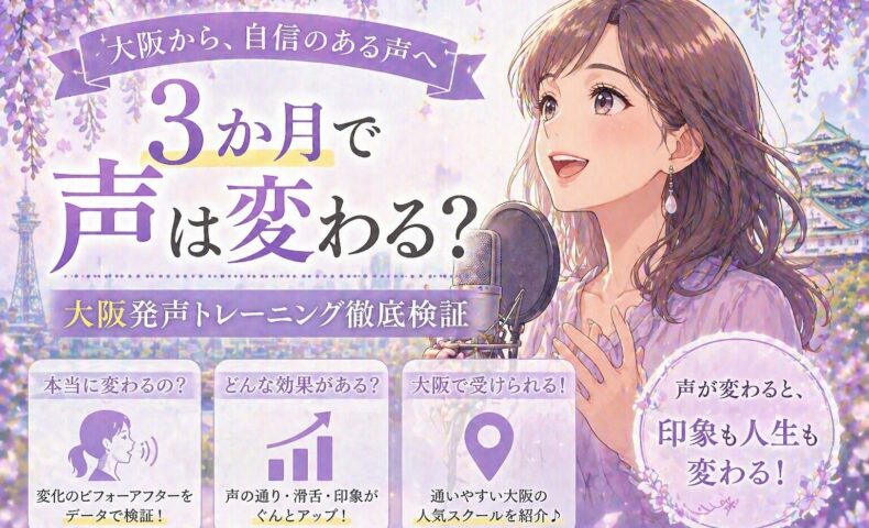 藤色の背景でマイクに向かって発声する女性と大阪城の風景、3か月で声が変わるかを検証する大阪発声トレーニングの訴求ビジュアル
