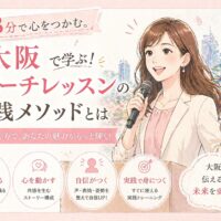 大阪城を背景にマイクを持つ女性が笑顔で話す様子と、大阪スピーチレッスンの実践メソッドや3分で心をつかむ話し方の特徴を示した構成
