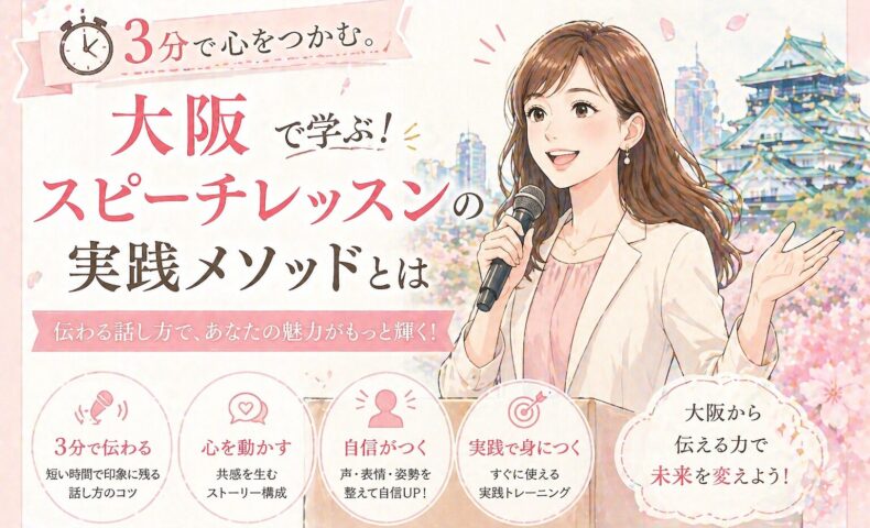 大阪城を背景にマイクを持つ女性が笑顔で話す様子と、大阪スピーチレッスンの実践メソッドや3分で心をつかむ話し方の特徴を示した構成