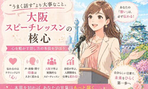 大阪城を背景にマイクの前で想いを語る女性と、「大阪スピーチレッスンの核心」と大きく配置されたタイトル文字