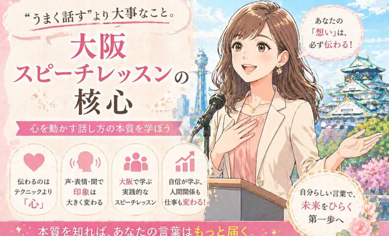 大阪城を背景にマイクの前で想いを語る女性と、「大阪スピーチレッスンの核心」と大きく配置されたタイトル文字