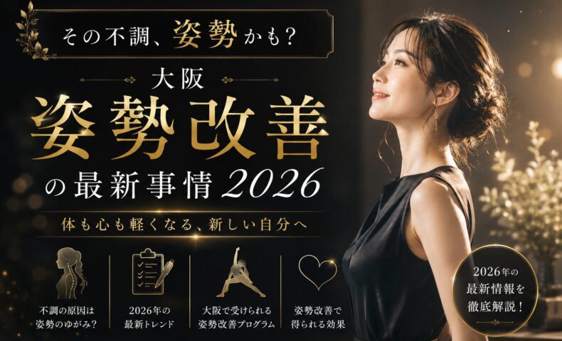 黒と金を基調に、背筋を伸ばして横顔で立つ女性と「大阪 姿勢 改善 最新事情2026」の文字が配置された高級感あるビジュアル
