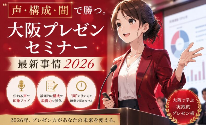 赤を基調にした会場で女性講師が壇上に立ち、スライドを背景に語る大阪プレゼンセミナー2026の様子