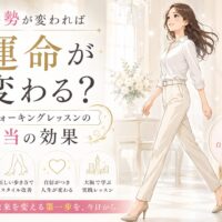 白を基調とした上品な空間で、背筋を伸ばして歩く女性と「姿勢が変われば運命が変わる？」と訴求する大阪 ウォーキング レッスンの告知ビジュアル