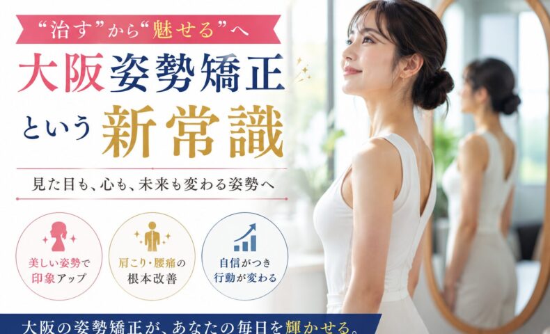 白いスタジオで背筋を伸ばし微笑む女性と鏡越しの姿を配置し、「治すから魅せるへ」と掲げた大阪姿勢矯正の訴求デザイン