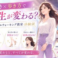 大阪モデルウォーキング教室の体験を紹介するバナーで、姿勢よく歩く女性と印象アップや自信向上を示す円形カットが配置されている