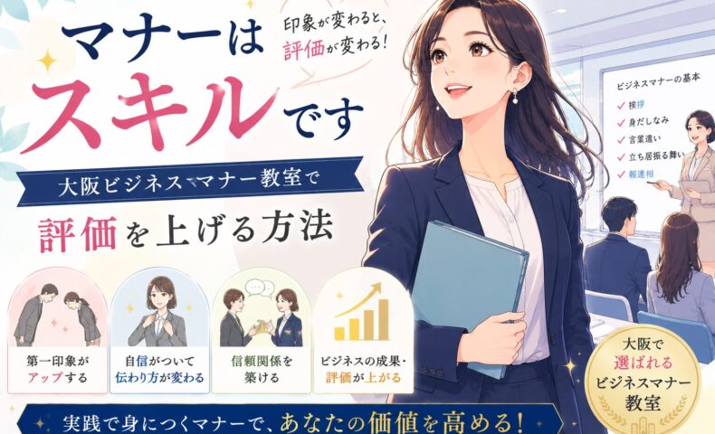 スーツ姿の女性が大阪ビジネスマナー教室で学び評価を高める様子と、第一印象向上の要素を示す構成