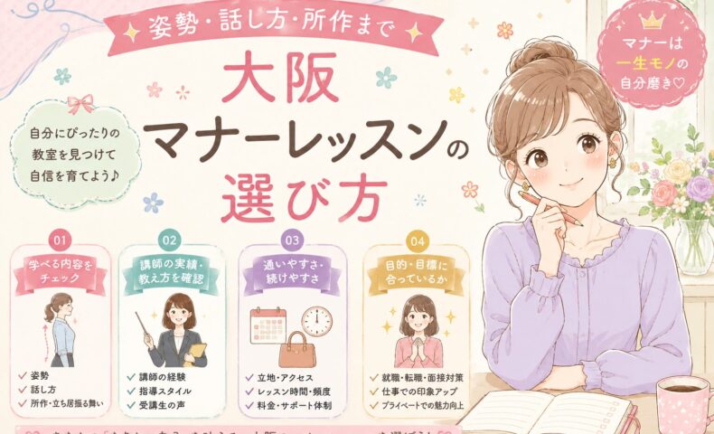 姿勢・話し方・所作を学べる大阪マナーレッスンの選び方を、チェック項目と共に紹介する可愛いパステル調デザイン
