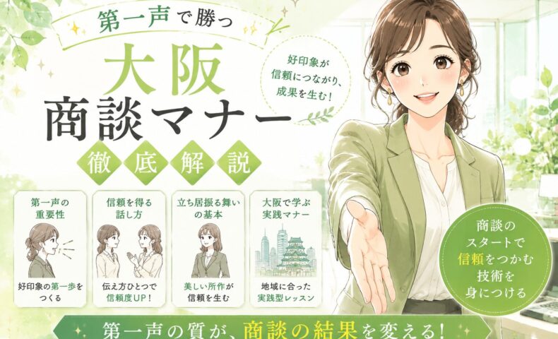 黄緑を基調に、向かい合って丁寧に挨拶するビジネスパーソンを描いた大阪商談マナー解説ビジュアル