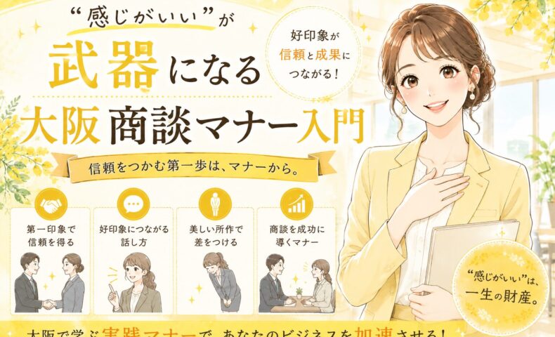 黄色を基調に、笑顔で向き合うビジネスパーソンが丁寧にあいさつする大阪商談マナーの場面