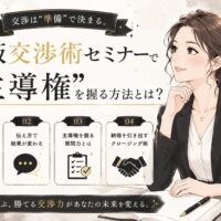 黒を基調にした背景で向かい合う男女が握手を交わす様子と「大阪 交渉術 セミナー」の文字が配置された構成