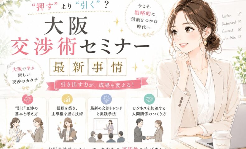 白を基調とした空間で向かい合い対話する男女と「大阪 交渉術 セミナー」の文字が配置された構成