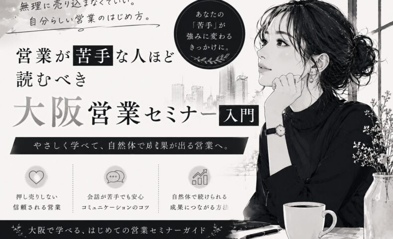 黒白を基調にした大阪営業セミナーのビジュアルで、営業に苦手意識を持つ女性が自然体で学べる営業スタイルを表現している構成