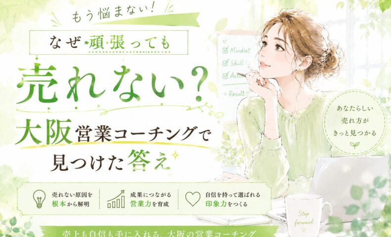 黄緑色を基調とした明るい空間で、営業の悩みを整理しながら新しい考え方を学ぶ女性を描いた大阪営業コーチングのメインビジュアル