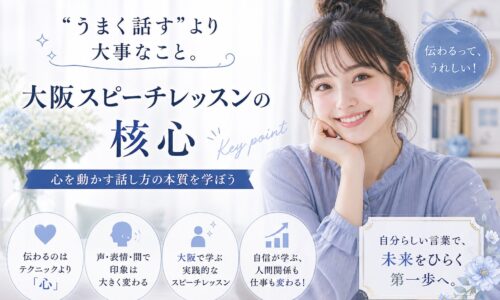 藍色を基調に微笑む女性と「“うまく話す”より大事なこと。」の文字が配置された大阪第一印象セミナー告知ビジュアル