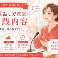 赤を基調にしたデザインで、マイクの前で話す女性と大阪城を背景に、大阪話し方教室の実践内容（滑舌・声量・間の取り方）を紹介している構成