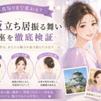 紫を基調に上品な女性が微笑み立つ構図と姿勢改善のポイントを示した、大阪 立ち居振る舞い 講座の訴求ビジュアル