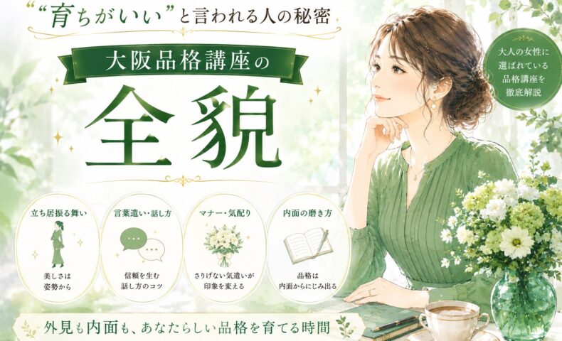 緑を基調に上品な女性が微笑むビジュアルと「大阪 品格 講座」の文字、立ち居振る舞いや言葉遣いなど全貌を紹介する構成