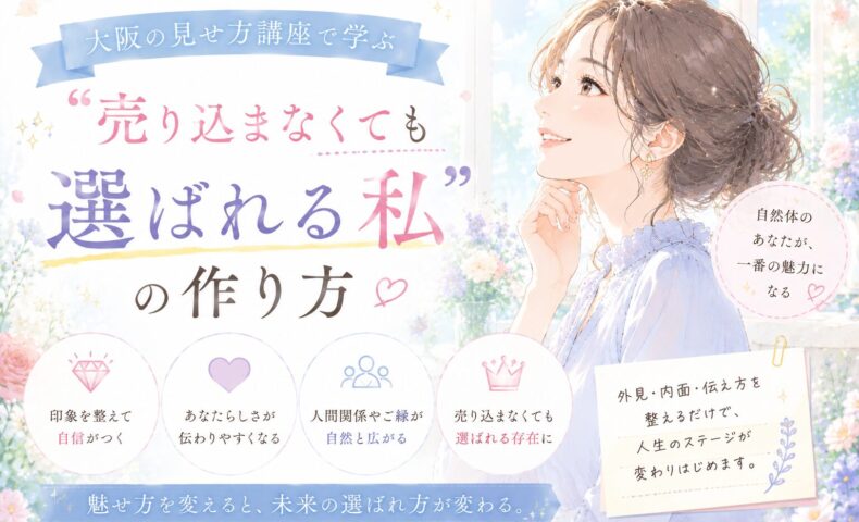 爽やかなパステルカラーの背景の中、自信ある笑顔で前を向く女性が描かれた、大阪の見せ方講座で学ぶ自然体の自己表現を象徴するビジュアル