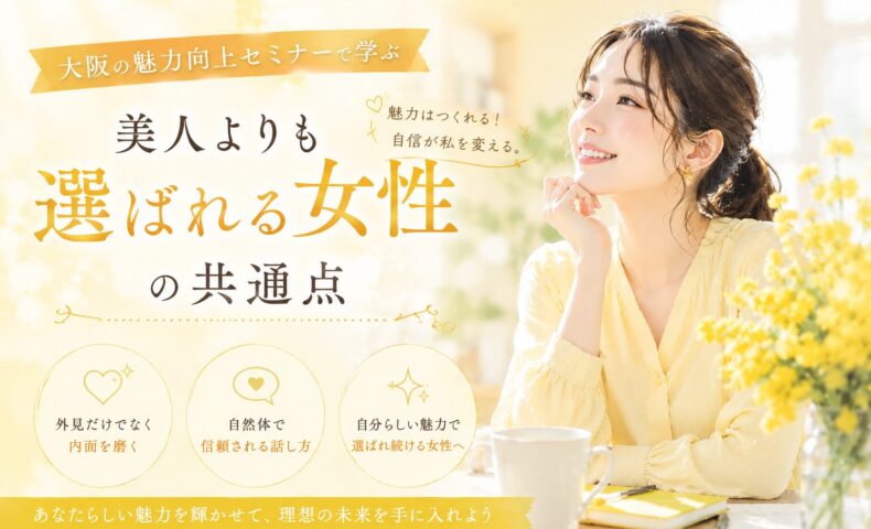 黄色い花と柔らかな自然光に包まれた女性が前向きな表情で未来を見つめる様子を描き、大阪 魅力向上 セミナーで学ぶ内面から選ばれる魅力を表現している