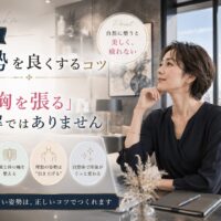 大阪の高層ビルを望む洗練された室内で、黒いブラウス姿の女性が自然に座り、胸を張るだけではない姿勢改善のコツと呼吸・体の軸を整える大切さを伝えている。