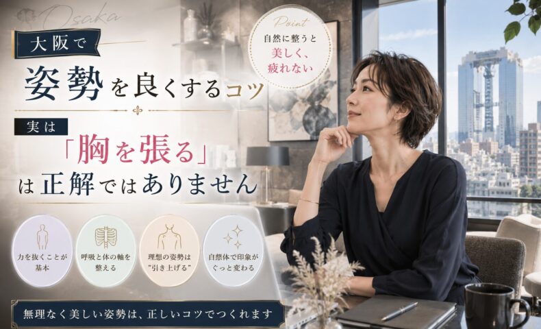 大阪の高層ビルを望む洗練された室内で、黒いブラウス姿の女性が自然に座り、胸を張るだけではない姿勢改善のコツと呼吸・体の軸を整える大切さを伝えている。