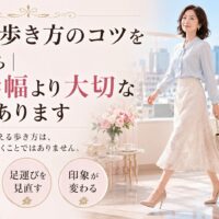大阪の街並みが見える可愛い部屋で、上品な女性が自然体で立ち、歩き方のコツとして歩幅より姿勢・体の軸・重心の使い方が大切だと伝える構成。