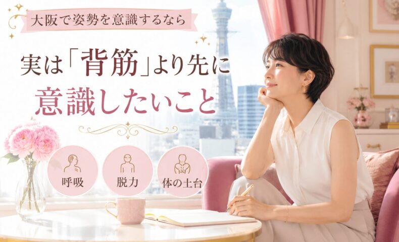 大阪の通天閣を望む明るく可愛い部屋で、ノートを前に座る女性が、姿勢を意識する際は背筋より呼吸・脱力・体の土台が大切だと考えている。