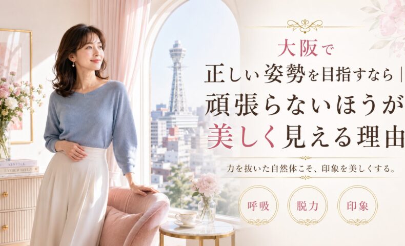 大阪の通天閣を望む明るく可愛い部屋で、上品な女性が力を抜いて自然体で立ち、姿勢を意識する際の呼吸・脱力・印象の大切さを示している。