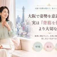 大阪の通天閣を望む明るく可愛い部屋で、ノートを持つ上品な女性が自然体で座り、姿勢を意識する方法として呼吸・脱力・重心の大切さを示している。