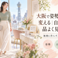 大阪の通天閣を望む可愛い部屋で、手帳を持つ上品な女性が自然体で立ち、大阪の姿勢と立ち方を整えて品よく見せる方法を伝えている。